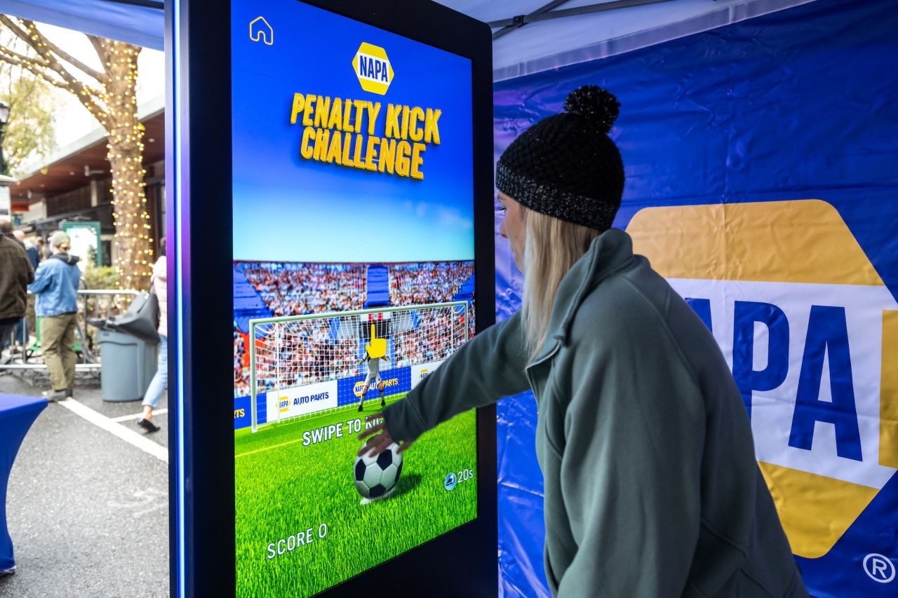 A fan playing BIG Digital’s Penalty Kick Challenge at the FIFA 2026 Final Draw Viewing Party in Atlanta. 